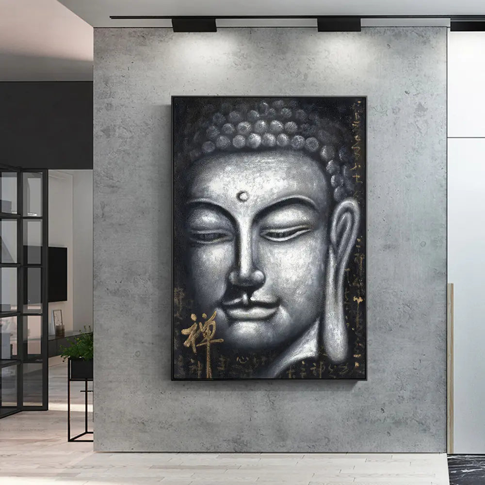 Modern Vintage Silver Buddha Oil Painting Print Decor