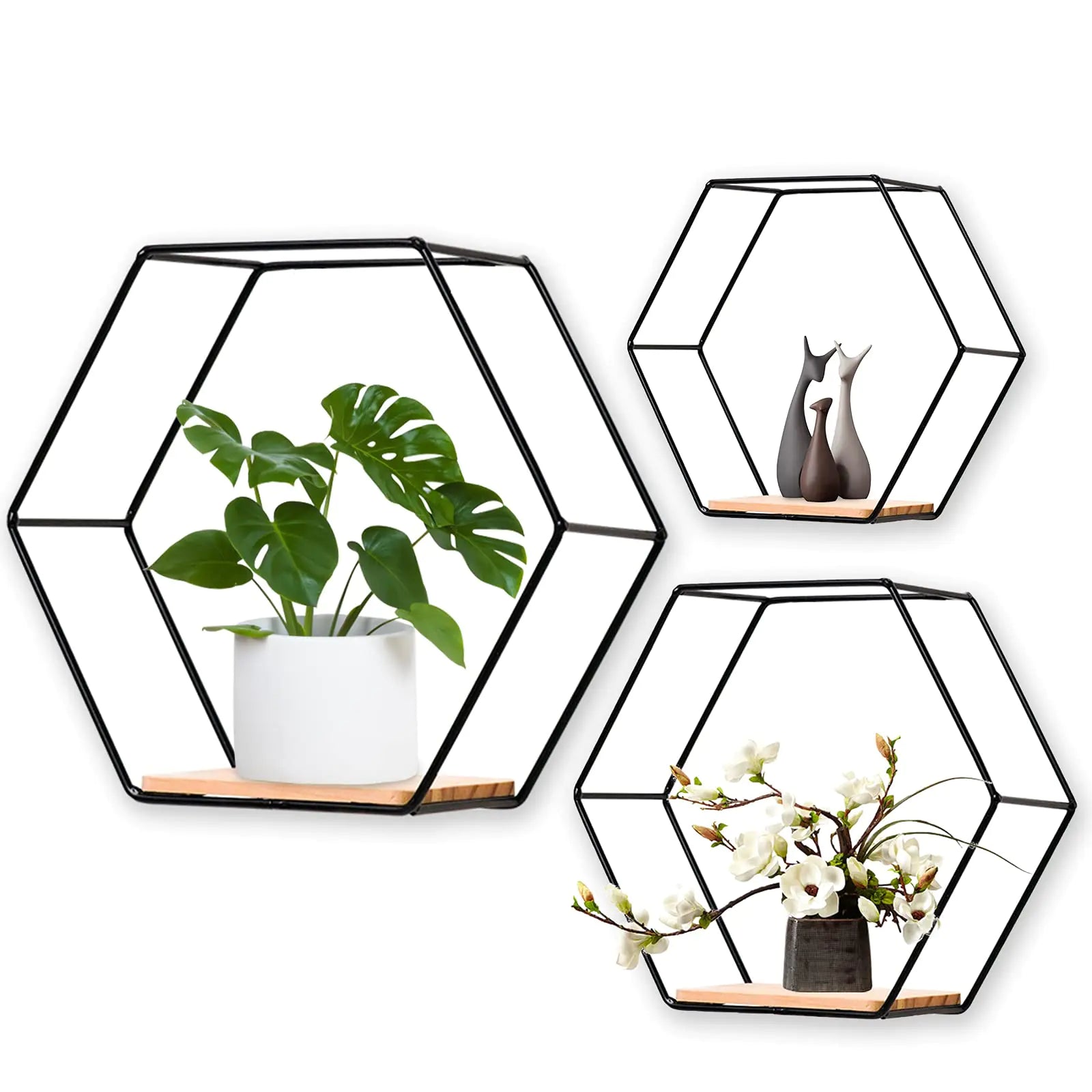 Wall Mounted Hexagonal Floating Shelves Black Set of 3