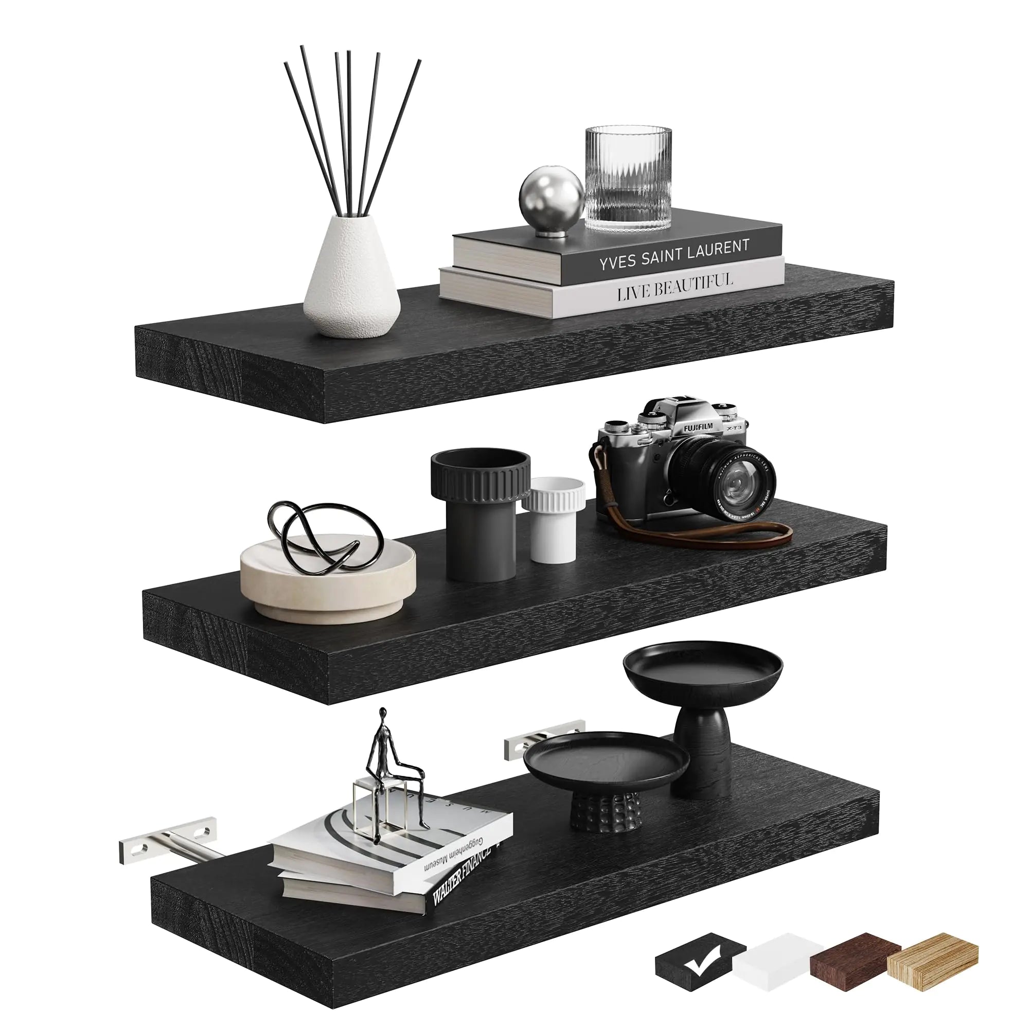 Minimalist Black Floating Wall Shelves – Set of 3
