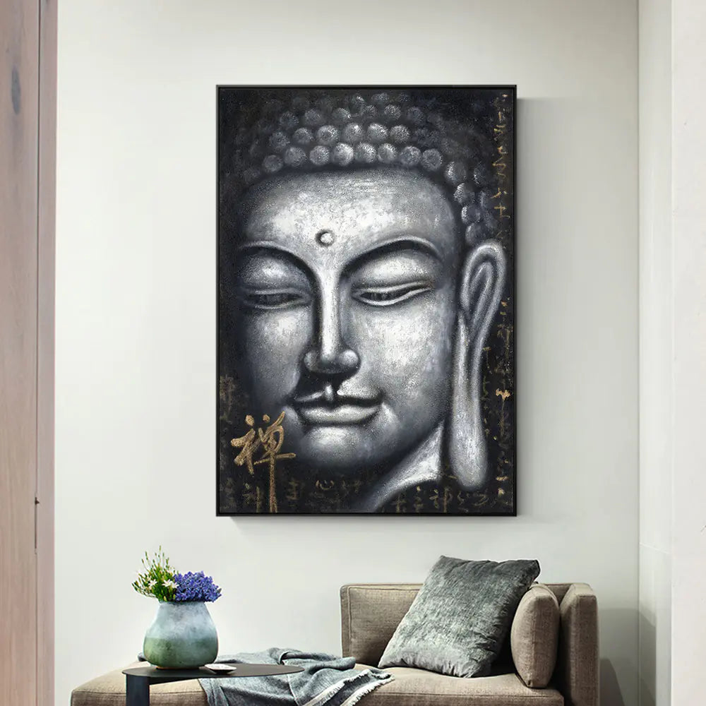 Modern Vintage Silver Buddha Oil Painting Print Decor