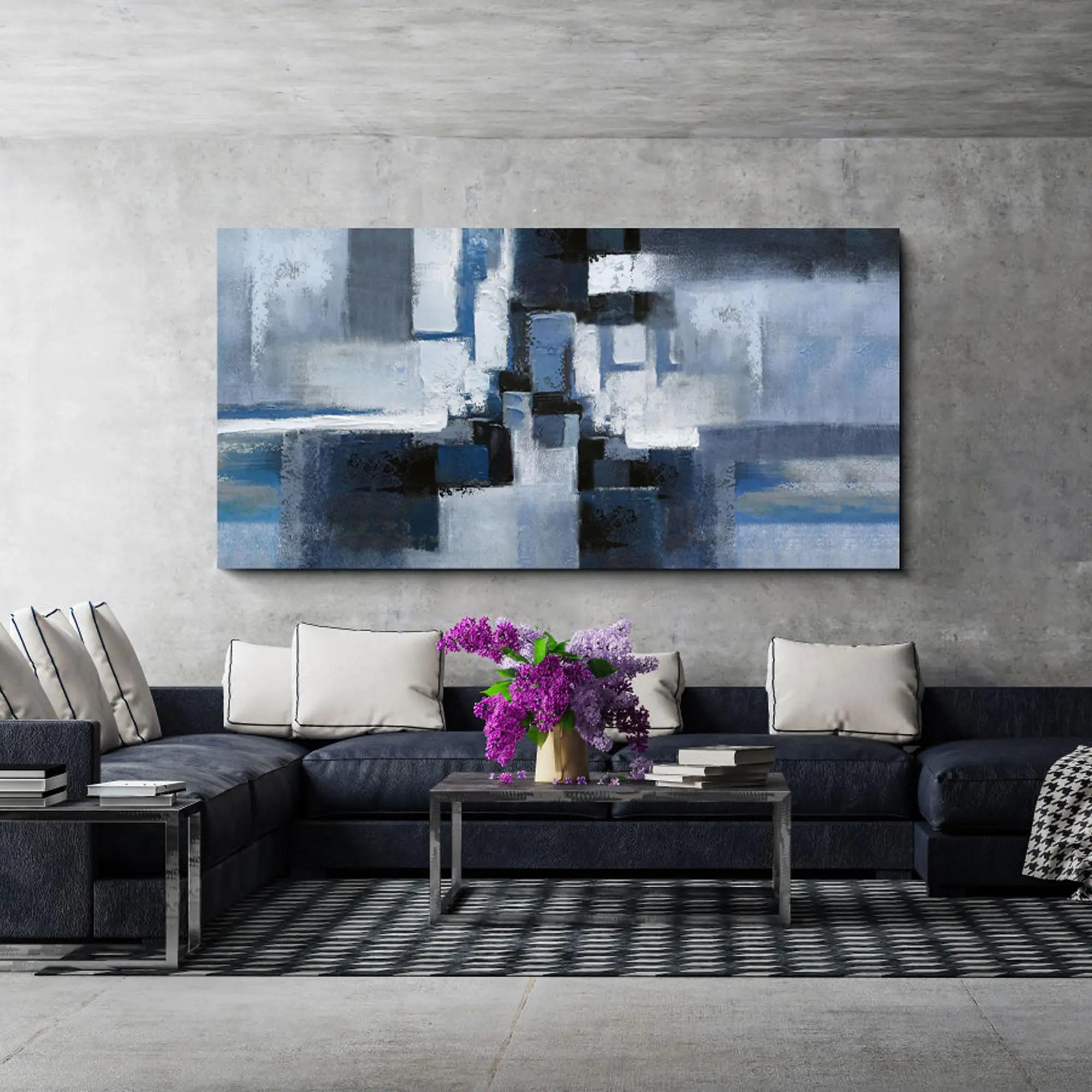 Blue & Black Abstract Framed Canvas – 20×40 Inches